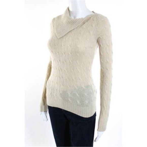 Ralph Lauren Cashmere Black Label Beige Cable Knit Asymmetrical Collar Sweater - Picture 2 of 6